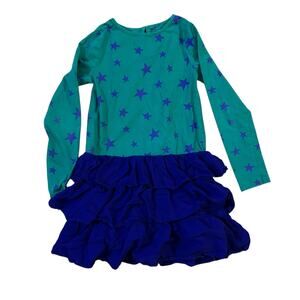Mini Boden Star Print Tiered Ruffle Long Sleeve Dress Girls 6-7 Green Blue